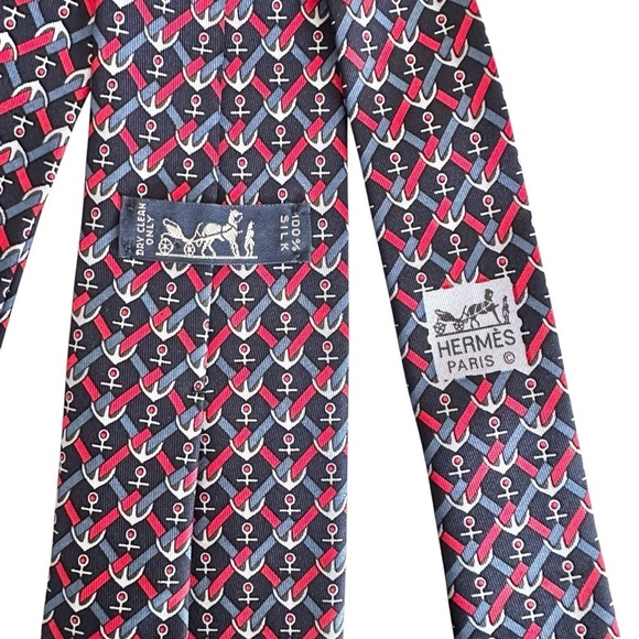 Authentic HERMES 100% Silk Blue Red & White Anchor Nautical Men’s Neck Tie - Picture 7 of 8